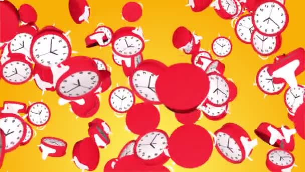 Digital animation of Falling clocks on grey background. Alarm clock and coffee cup. — Vídeos de Stock