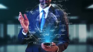 AUTOMATION Text Mobile Businessman Digital Futuristic Virtual Screen HUD click Touching hologram concept. innovation, business technology, internet virtual reality, artificial intelligence.