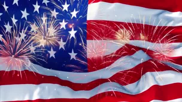 American Usa Flag Waving Fireworks Loop Animation Background 4Th July — Stok video