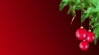 4K Noel ve yeni yıl döngüsü, kırmızı Noel süsleri kurdeleli bir Noel ağacında asılı, sallanan altın çan süsü, dönen yeşil köknar ağacı. Noel tebrik kartı.