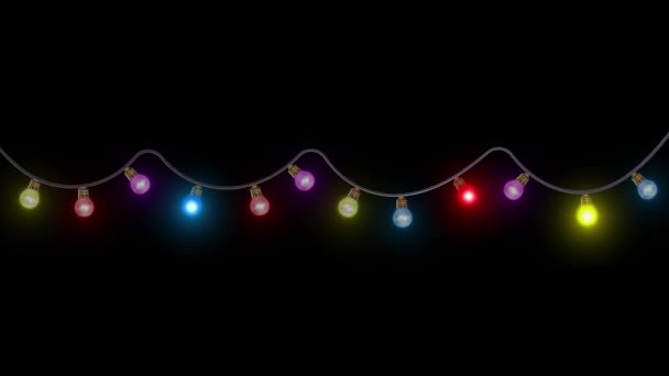 4Kコーナー電球文字列フレームと境界 コピースペース電球が点滅してカラフルな電球文字列 パーティークリスマスや新年のバックグラウンドアニメーション 誕生日の装飾要素 — ストック動画