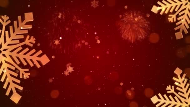 レッドループ4K 3D背景にあるゴールデンレブの雪片とボケのライト 2022年 2023年新年 陽気なクリスマス 雪のフレーク お祝いの雪のフレーク 雪の秋 — ストック動画