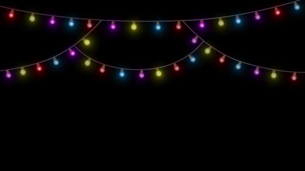 Schöne Weihnachten Glühende Wolframlichter String Schwarze Schleife Dunklen Hintergrund Lichter — Stockvideo