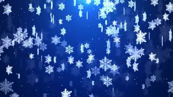 冬季降雪的蓝天与蓝色粒子在冬季圣诞循环雪片的背景 圣诞快乐 节假日 2023年元旦 雪花飞扬 — 图库视频影像