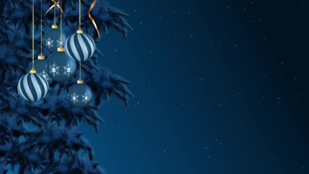黄金のボールと雪の結晶の背景で飾られたクリスマスツリー モミのクリスマスと新年のパーティーやクリスマスツリーの装飾のための3Dツリー 冬休み グリーティングカード 招待状 雪の結晶 — ストック動画