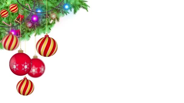 Новогодние Рождественские Украшения Фон Еловыми Ветвями Снежинки Шары Красные Висячие — стоковое видео