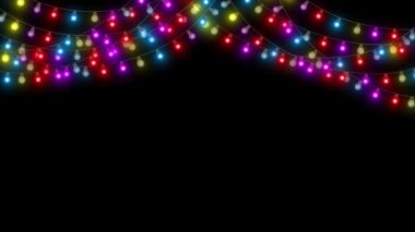 4K Güzel Noel ışıkları yanıp sönüyor, tel çerçeve renkli ampuller, değişen ışık, yeni yıl ışıkları, karanlık arka plan. Tatil, Parti, etkinlik ve kutlamalar, davetiye