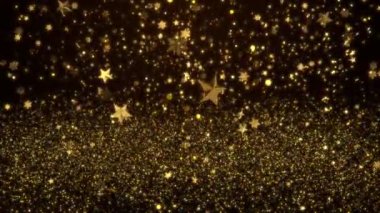 Uzay Noel animasyonunda hareket eden altın yıldızlar. Yeni yıl 2023, 2024 Şenlik geçmişi. Altın Noel baloları, hediyeler ve 4K 3D döngüsü. Doğum günü, yıldönümü, kutlama, tatil, yeni yıl,
