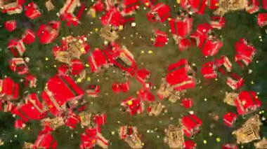 Yeni yıl ve Noel 2023, 2024 altın yazılı Noel baloları, hediye kutuları. Konfeti, konsept hediyeler, bayram alışverişi. Altın Noel baloları, hediyeler yıldızlar hareket ediyor kar taneleri.