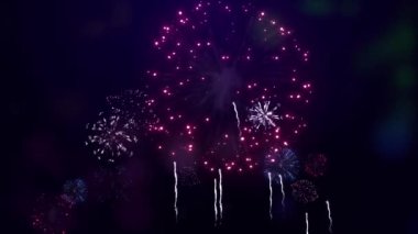 4K Parlayan Havai Fişekler Gece Gökyüzü Döngüsü Animasyon Arkaplanında Bokeh ışıkları ile Patlamayı Göster. Doğum günü, yıldönümü, kutlama, tatil, yeni yıl, parti, davetiye, Noel, festival, selamlama