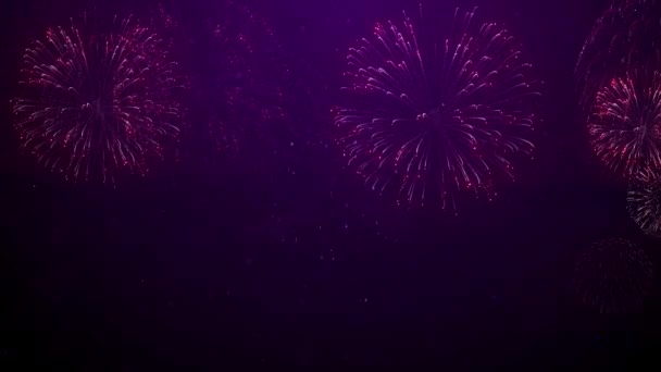 Beautiful Red Fireworks Shiny Display Explosion Smoke Black Background Loop — Stock Video