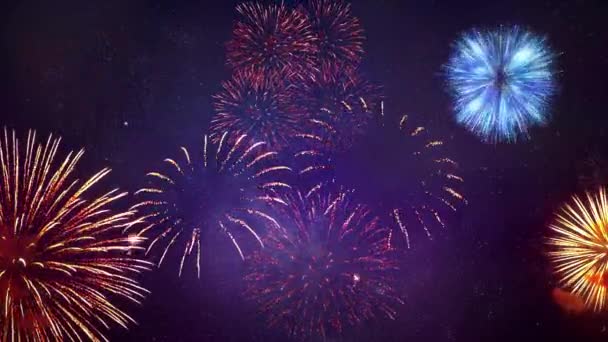 長い時間シームレスループ輝く花火の光空 金色の背景花火 花火大会の空は7月4日の独立記念日です 花火大会 年末年始 クリスマス — ストック動画