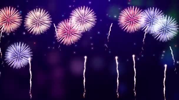 Shining Fireworks Display Explosion Mit Bokeh Lichtern Nachthimmel Loop Animation — Stockvideo
