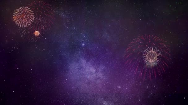 Shining Fireworks Display Explosión Con Luces Bokeh Cielo Nocturno Fondo — Vídeos de Stock