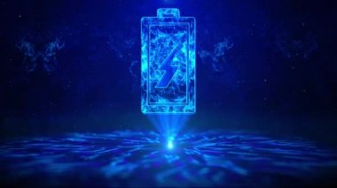 HUD Döndürme Dijital Teknoloji arayüzü olan Batarya Metni Sci Fi Hologram Sanal Uzayı. Batarya şarj seviyesi göstergeleri. Terhis edildi ve tamamen şarj edildi. Fütüristik Enerji Verimliliği Konseptiyle