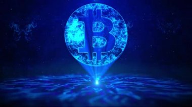 HUD Döndürme Dijital Teknoloji Arayüzü ile Bitcoin Metni Sci Fi Hologram Sanal Uzayı. Kripto değişimi. Bitcoin ve engelleme zinciri. Elektronik kripto para birimi modern teknoloji. finansal iletişim.