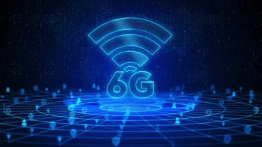 6G Metin Gelecek Dijital Teknoloji Ai Siber Uzay Derin Öğrenme Arkaplanı. Eşyalar ve hizmetler simgeleri bağlantısı, şeylerin interneti, yüksek hızlı bağlantılı ağ mobil kablosuz iş