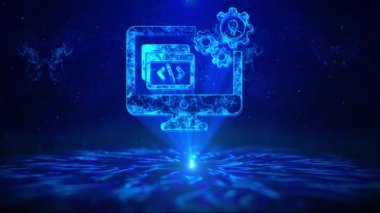 HUD Döndürme Dijital Teknoloji arayüzü ile yazılım geliştirme metni Sci Fi Hologram sanal uzay döngüsü. Yazılımın tasarımı, geliştirilmesi ve bakımı için mühendisliğin yenilikçi uygulaması