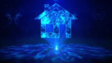 HUD Döndürme Dijital Teknoloji Arayüzü ile Ev Metni Sci Fi Hologram Sanal Uzay Döngüsü. Yeni mülk, ipotek ve gayrimenkul yatırımları kavramı. Ev satışları gayrimenkul, konut yatırımları