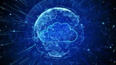 Cloud Digital Global Technology World Network bağlantıları döngüsü arka planı. Koyu mavi üzerinde iki ok olan depo işareti. Büyük veriler, gelecekteki altyapı, dijital ai konsepti. Sanal sunucu
