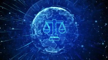 Justice Digital Global Technology World Network bağlantıları döngüsü arka planı. Avukat, avukat ya da noter hizmetleri. Hukuk ve mahkemede ticari çıkarların korunması. Adalet, hukuk yargı kavramı