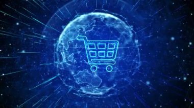 Alışveriş Arabası Dijital Küresel Teknoloji Dünya Ağı bağlantıları döngüsü arka planı. Çevrimiçi Etrade Alışveriş, iş için, süpermarket, çevrimiçi mağaza. Hızlı hızlı teslimat e-ödemelerini depola