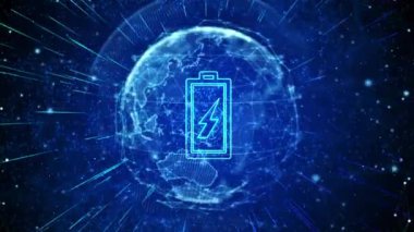 Battery Digital Global Technology World Network bağlantıları döngüsü arka planı. Elektronik kontrol ediliyor, melez şarjı devrede. Elektrikli araç şarj göstergesi artıyor. Geleceğin melezi,.