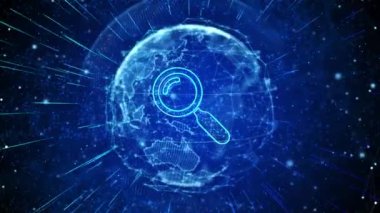 Arama Düğmesi Dijital Global Teknoloji Dünya Ağı bağlantıları döngüsü arka planı. Arama motoru optimizasyon işi, İnternet veri ağı ağ teknolojisi konsepti aranıyor.