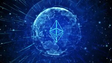 Ethereum Dijital Küresel Teknoloji Dünya Ağı bağlantıları döngüsü arka planı. Eter ETH Token Coin, Kripto Para Birimi Ethereum Blockchain Teknolojisinin geleceksel tasviri. internet simgesi