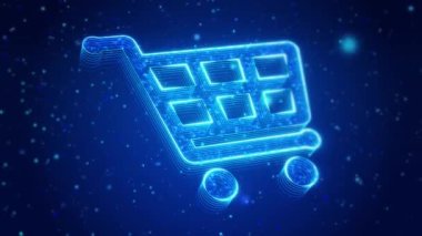 Alışveriş Arabası Dijital Teknoloji Sanal Ekran HUD Hologram Hi Tech Loop konsepti. Çevrimiçi iş. Dijital pazarlama, mağaza, E-ticaret alışverişi. Ticaret için. Çevrimiçi alışveriş, nakit ödeme