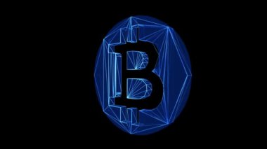 Bitcoin Mavi Low Poly siyah arkaplanda dönüyor. Şifreli para konsepti. Uluslararası borsa. Ağ bitcoin pazarlaması