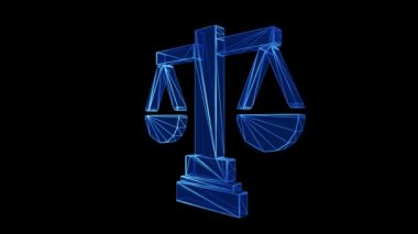 Justice Icon Blue Low Poly siyah arka planda dönüyor. İnternet hukuku ve siber hukuk kavramı dijital yasal hizmetler ya da online avukat tavsiyesi olarak. Yasa işareti