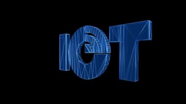 IOT Simgesi Mavi Alçak Polyester Siyah zemin üzerinde dönüyor. Teknoloji Ağı Dijital Veri ve Sosyal Ağ Dünya Arkaplan Bağlantısı kavramı.