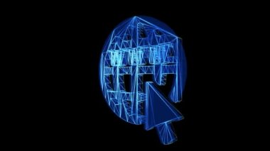 WWW Globe Simgesi Mavi Low Poly siyah arkaplanda dönüyor. Küresel iş iletişimi, bilgisayar internet telekomünikasyonu ve dünya çapında web teknolojisi ağı kavramı