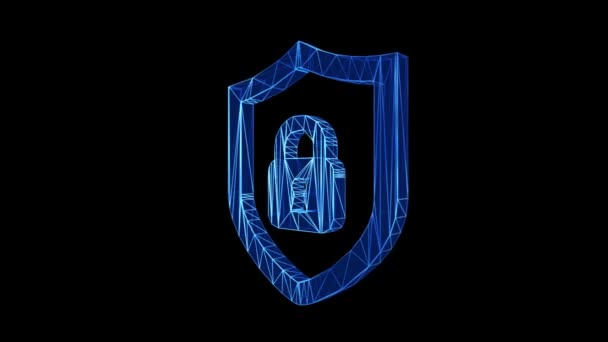 シールドサイバーセキュリティアイコン青低ポリ黒の背景に回転します サイバーセキュリティの概念です 暗号化 データ保護 ウイルス対策ソフトウェア — ストック動画