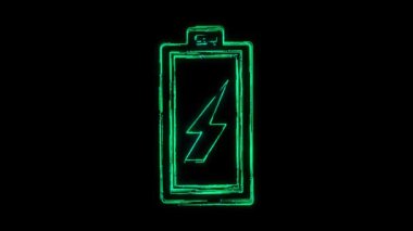Battery Animasyon Simgesi, siyah arkaplanda çizgiler ile ortaya çıkıyor. Bir pili şarj etmek için yeşil elektrikli araca bağlanan güç kaynağı. Çevre dostu alternatif enerji kavramı.