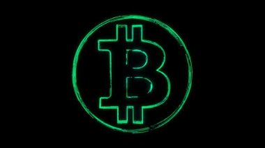 Bitcoin Animasyon Simgesi siyah arkaplanda çizgilerle görünüyor. Bitcoin dijital para birimi, fütürist dijital para, teknoloji dünya çapında ağ kavramı,