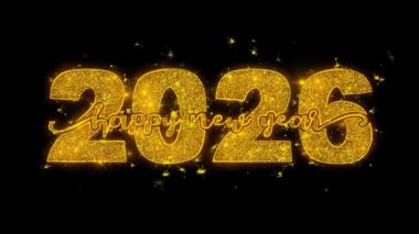 Yeni Yıl 2026 tipografi metni Altın Parıltılı Sihirli Parçacıklar hakkında bilgi veriyor. Tebrik kartı, kutlama, Dilekler, Etkinlikler, Mesaj, tatil, festival konsepti. Dekoratif tema