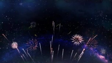 Yeni Yılınız Kutlu Metin Parçacıkları Havai fişek Patlaması Gece Gökyüzü Arkaplanına Yol Açtı. Tebrik kartı, Dilekler, Kutlama, Parti, Davet, Hediye, Olay, Mesaj, Tatil, Festival. 2023 2024