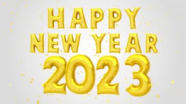 Mutlu yıllar 2023 Altın Balonlar Metin Dekorasyonu modaya uygun arka planda altın konfeti parlıyor. Tatil tebrik kartı tasarımı. Parlak festival partisi daveti, takvim teması tasarımı
