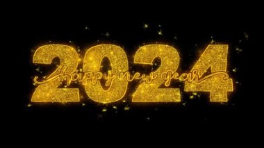 Yeni Yıl 2024 tipografi metni Altın Parıltılı Sihirli Parçacıklar hakkında bilgi veriyor. Tebrik kartı, kutlama, Dilekler, Etkinlikler, Mesaj, tatil, festival konsepti. - Evet. dekoratif tema