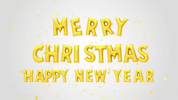 幸せな新年メリークリスマスゴールデンバルーンズ流行の背景にテキスト装飾キラキラゴールドコンフェッティ ホリデーグリーティングカードのデザイン シャイニーお祝いパーティー招待状カレンダーデザイン — ストック動画