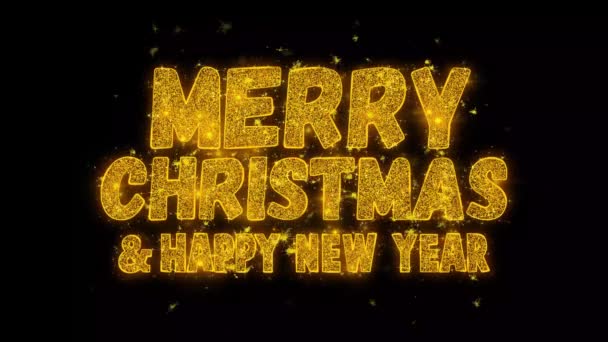 メリークリスマスとハッピー新年のタイポグラフィのテキスト上の黄金から明らかに輝く魔法の粒子火花 お祝い イベント メッセージ 祭りのコンセプトのために 2023年2024年 — ストック動画