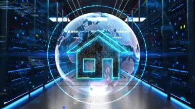 Veri Merkezi 'ndeki Rack Sunucularından Geçen Simge Evi. Tıbbi ağ bağlantısı kavramı modern sanal ekran arayüzü, tıbbi teknoloji ağı. Tıbbi laboratuvar IoT Teknoloji Sağlık Hizmetleri