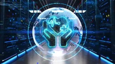 Sağlık Simgesi Veri Merkezi 'ndeki Rack Sunucularında Hareket Ediyor. Global video oyunu, bulut hesaplama ve dijital arayüz kavramı. Esport oyun alanı sembolü, video denetleyici, 5g oyunu ve siber spor.
