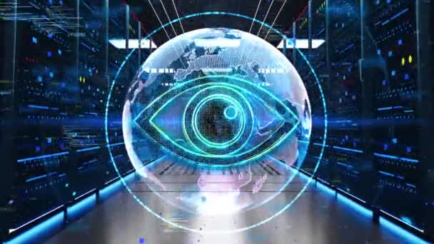 Icono Tech Eye Moviéndose Través Servidores Rack Centro Datos Concepto — Vídeo de stock