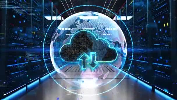 Cloud Computing Icon Moving Rack Servers Data Center Inglés Industria — Vídeos de Stock
