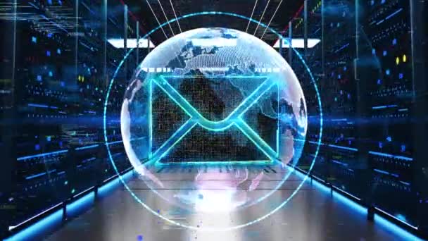 Mail Icon Mozgó Keresztül Rack Szerverek Data Center Fogalom Boríték — Stock videók