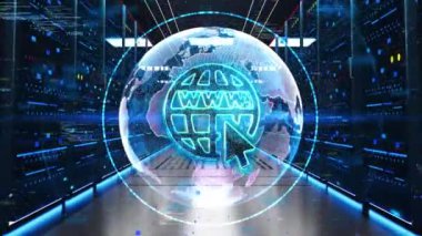 WWW Globe Simgesi Veri Merkezi 'ndeki Rack Sunucularında Hareket Ediyor. İnternet adresleri ve internetteki Globe kavramı. Global işletme interneti. WWW Simgesi. Dünya Çapında Web, İnternet Erişim Ağı 3 teknolojisi