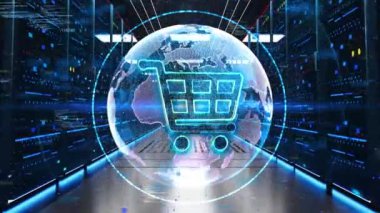 Alışveriş Arabası Simgesi Veri Merkezi 'ndeki Rack Sunucularından Geçiyor. İnternetten alışveriş, indirim, alışveriş ve teslimat kavramı. E-ticaret Dijital Çevrimiçi Alışveriş Konsepti.